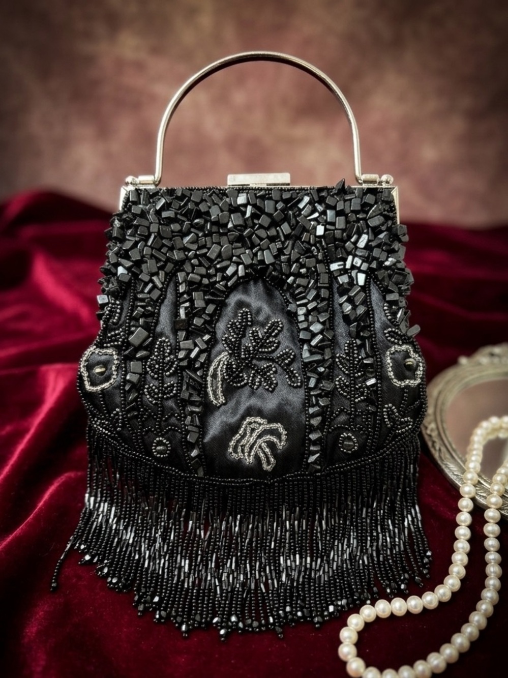 Black Beaded Fringe Evening Bag Vintage